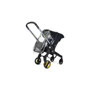 Doona Carseat/Stroller Raincover | Black baby stroller with yellow accents and a transparent rain cover, featuring a sleek design and four wheels.