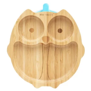 Owl Shaped Bamboo divided plate with two round sections for eyes and a large section for the mouth.