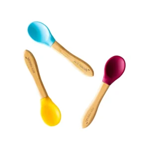 Three bamboo-handled baby spoons with silicone tips in blue, yellow, and red, labeled "eco rascals."