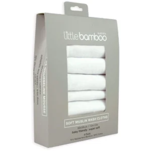 Little Bamboo soft muslin wash cloths packaging displaying six white cloths.