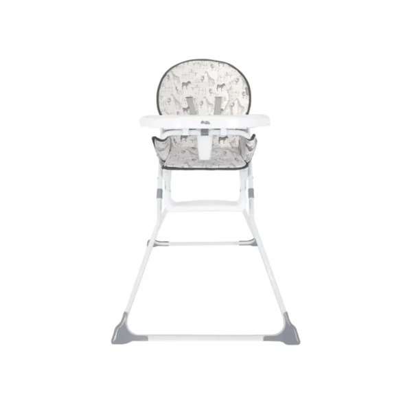 My Babiie Samantha Faiers Compact Highchair with a patterned seat cover featuring illustrations of animals, and a white tray with safety restraints.
